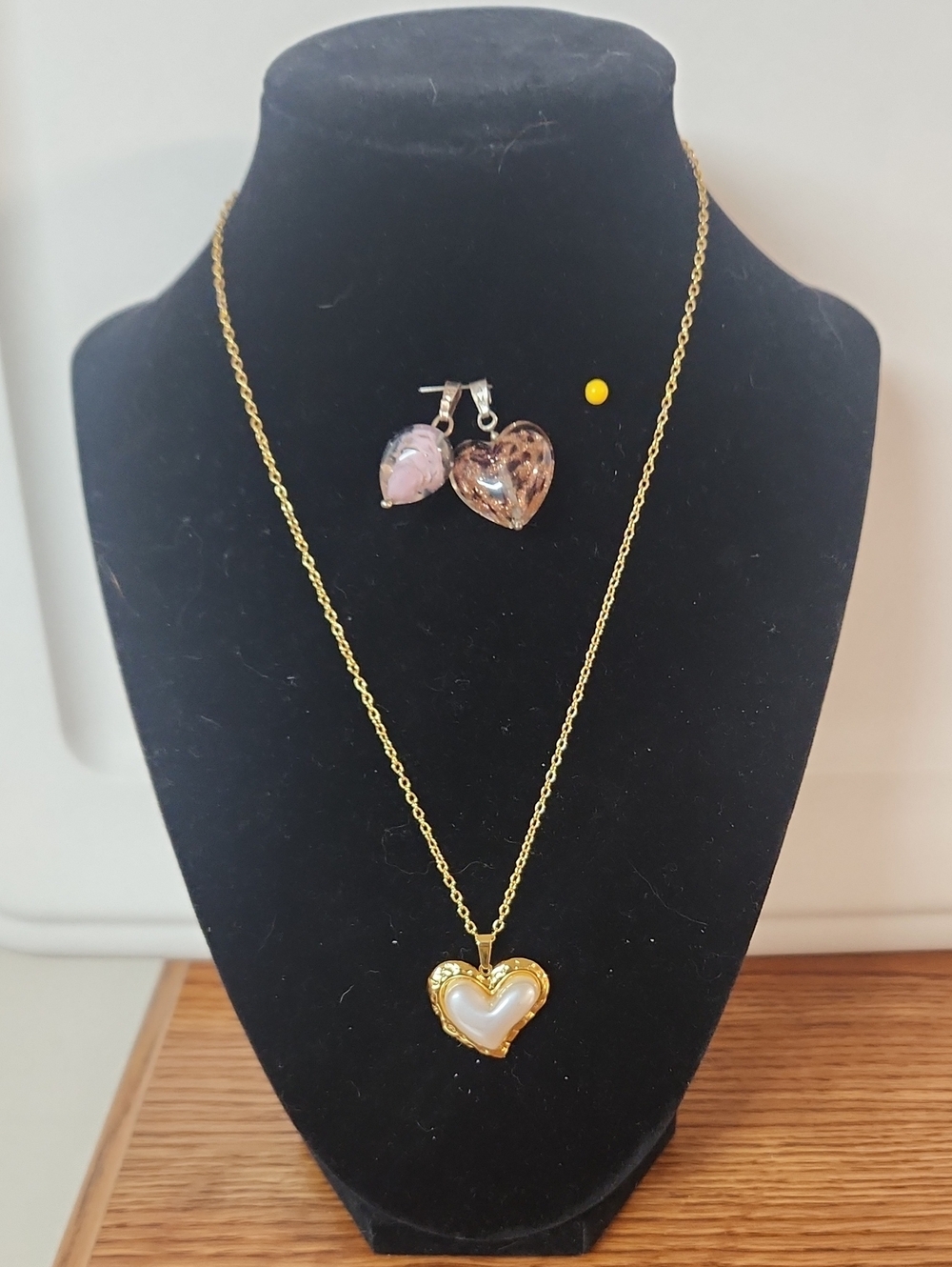 Gold Heart Necklace with Two Glass Heart Pendants